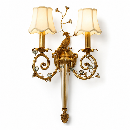 Crystal-Accented Antique Brass Dimmable Wall Sconce (Scalloped Fabric Shade)