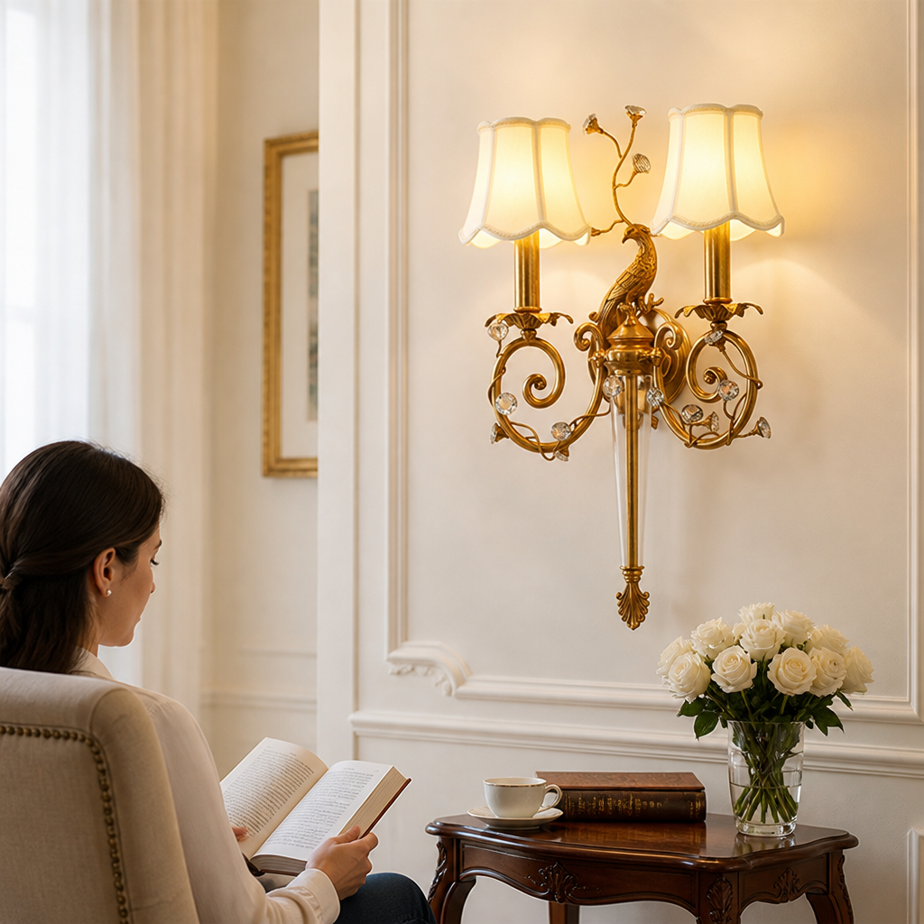 Crystal-Accented Antique Brass Dimmable Wall Sconce (Scalloped Fabric Shade)