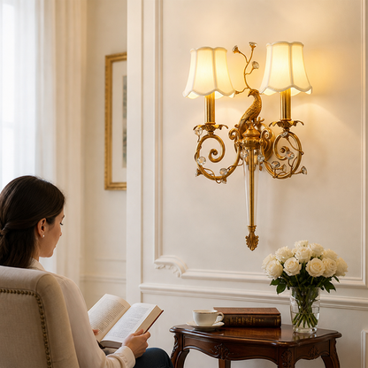 Crystal-Accented Antique Brass Dimmable Wall Sconce (Scalloped Fabric Shade)