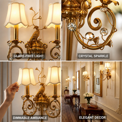 Crystal-Accented Antique Brass Dimmable Wall Sconce (Scalloped Fabric Shade)