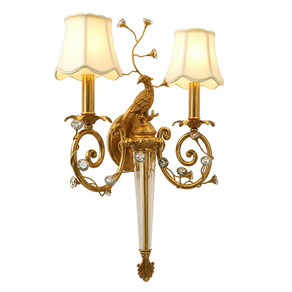 Crystal-Accented Antique Brass Dimmable Wall Sconce (Scalloped Fabric Shade)