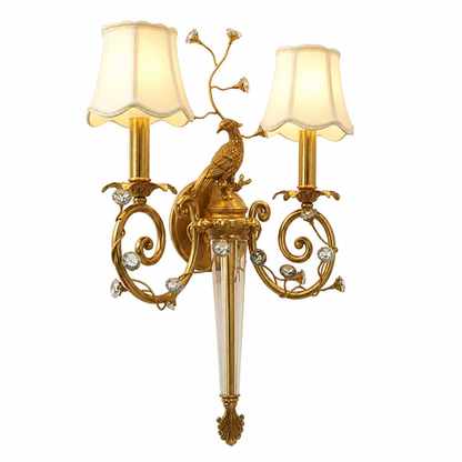 Crystal-Accented Antique Brass Dimmable Wall Sconce (Scalloped Fabric Shade)