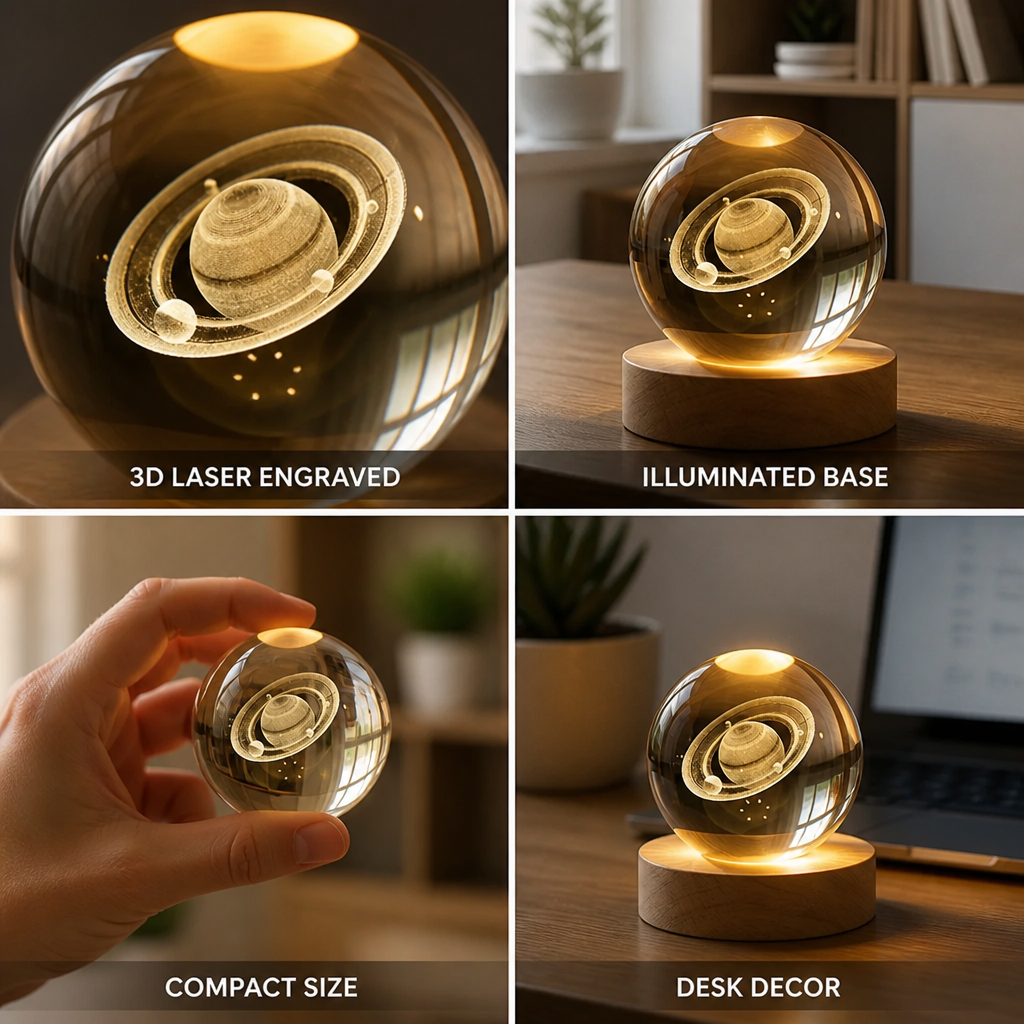 Crystal Sphere 3D Laser Engraved Solar System Illuminated Base