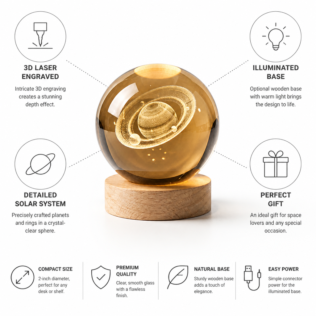 Crystal Sphere 3D Laser Engraved Solar System Illuminated Base
