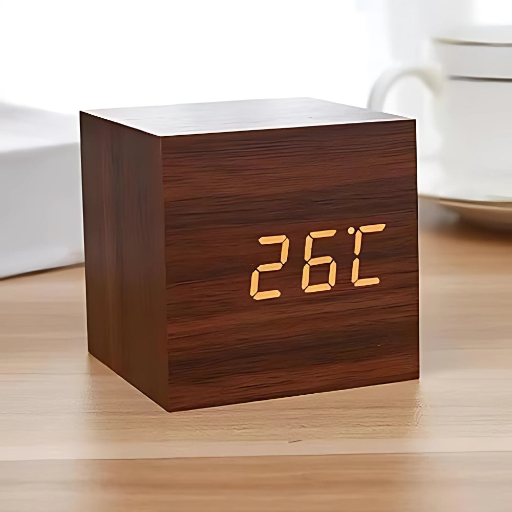 Cube LED Alarm Clock Faux Wood Temp Display