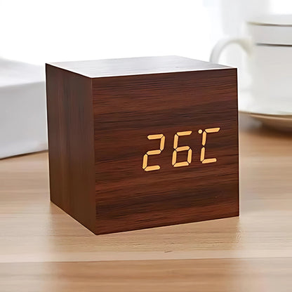 Cube LED Alarm Clock Faux Wood Temp Display