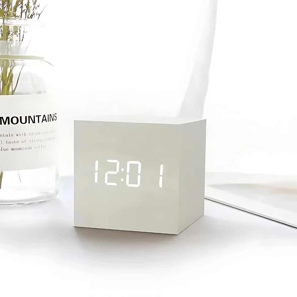 Cube LED Alarm Clock Faux Wood Temp Display