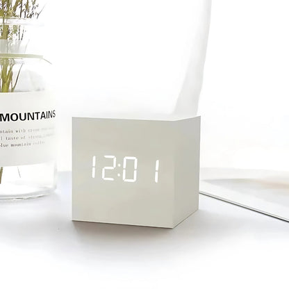 Cube LED Alarm Clock Faux Wood Temp Display