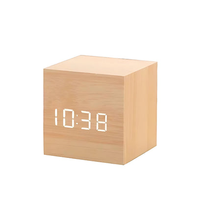 Cube LED Alarm Clock Faux Wood Temp Display