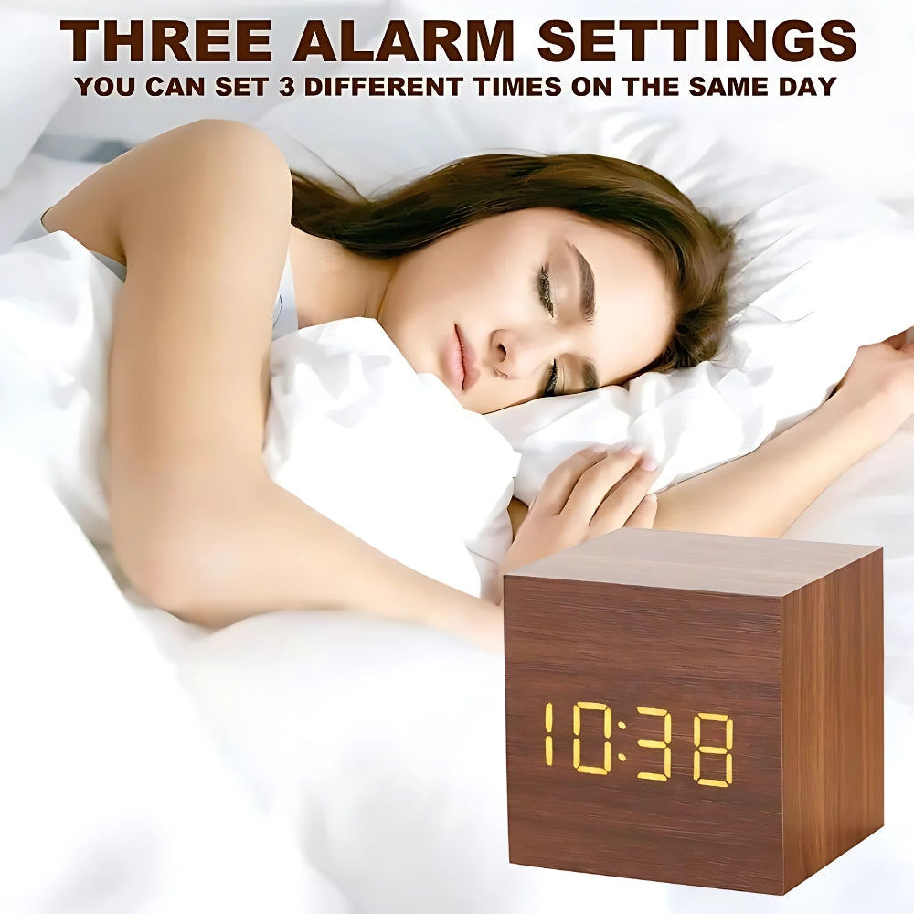 Cube LED Alarm Clock Faux Wood Temp Display