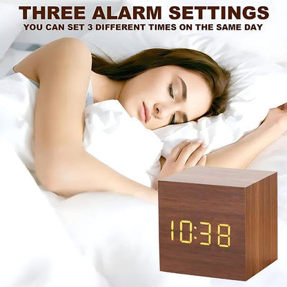 Cube LED Alarm Clock Faux Wood Temp Display