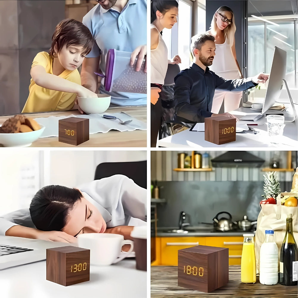 Cube LED Alarm Clock Faux Wood Temp Display