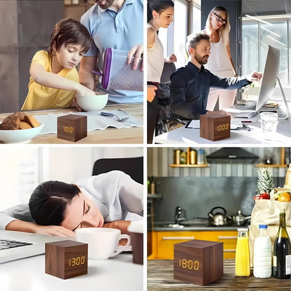 Cube LED Alarm Clock Faux Wood Temp Display