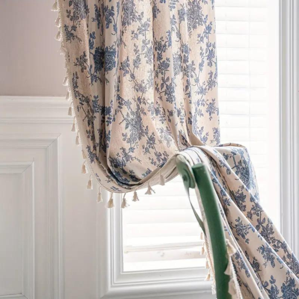 Curtain Panel Blue Rose Floral Semi-Sheer Eyelet Top