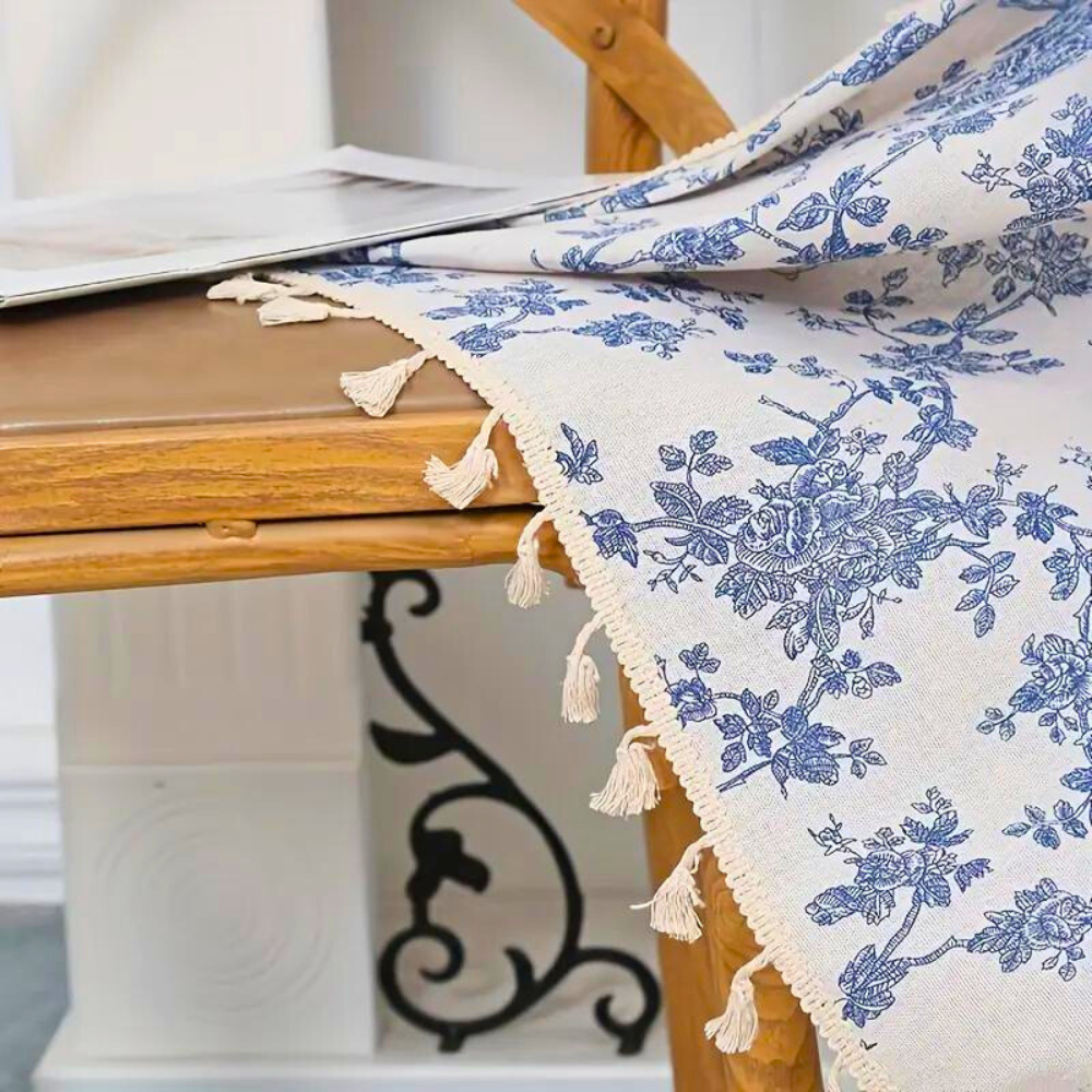 Curtain Panel Blue Rose Floral Semi-Sheer Eyelet Top