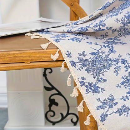 Curtain Panel Blue Rose Floral Semi-Sheer Eyelet Top