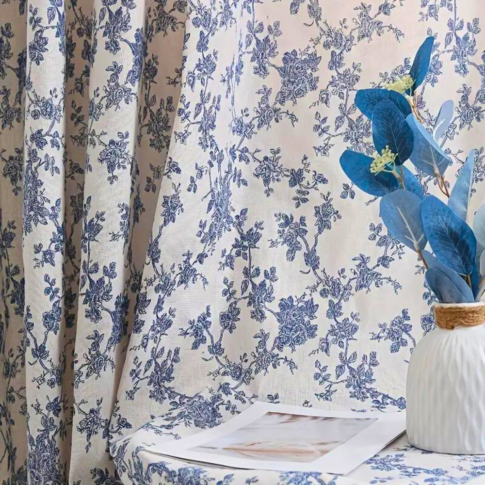 Curtain Panel Blue Rose Floral Semi-Sheer Eyelet Top