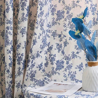 Curtain Panel Blue Rose Floral Semi-Sheer Eyelet Top
