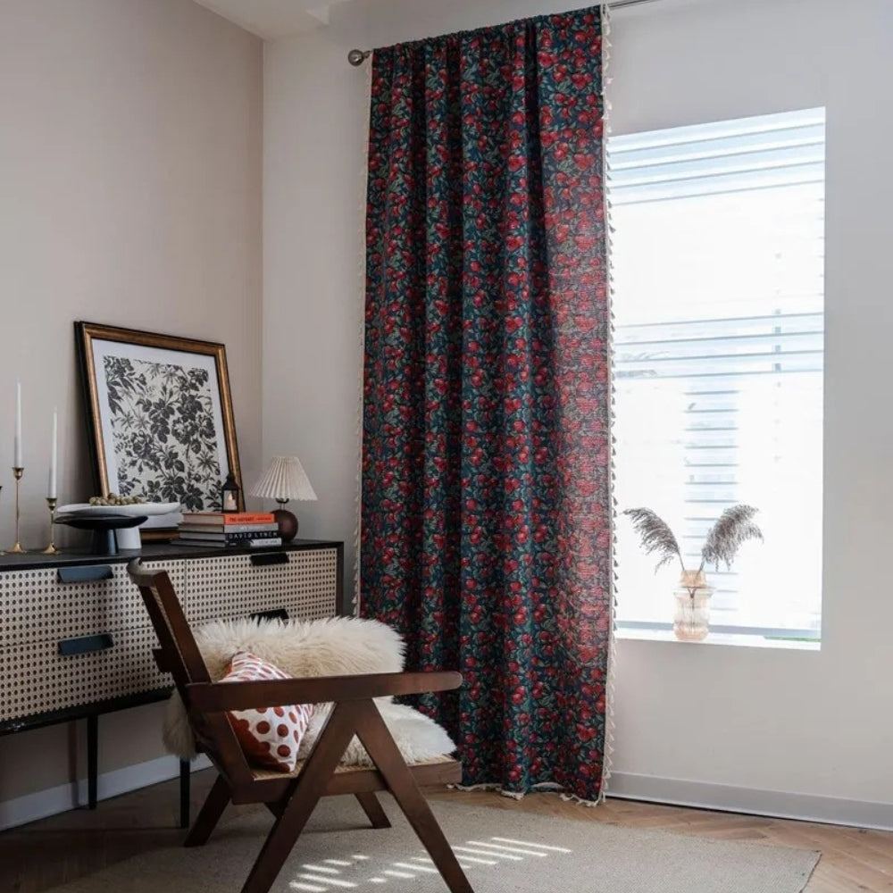 Curtain Panel Cherry Blossom Print Tassel Trim Semi-Blackout