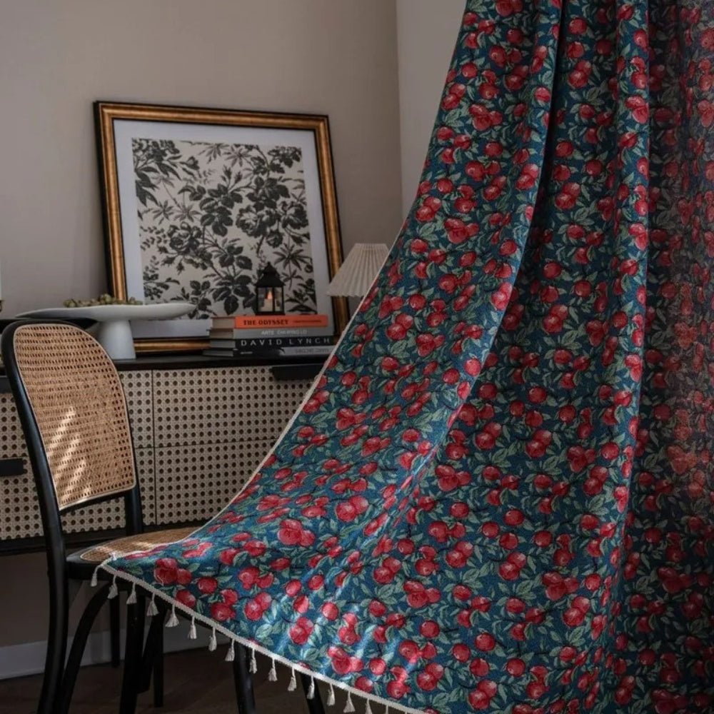 Curtain Panel Cherry Blossom Print Tassel Trim Semi-Blackout