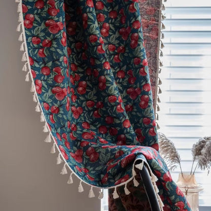 Curtain Panel Cherry Blossom Print Tassel Trim Semi-Blackout