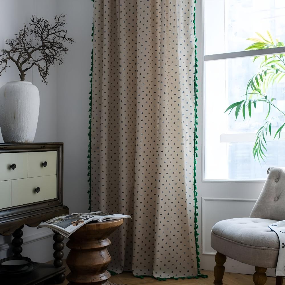 Curtain Panel Cotton-Linen Semi-Sheer Tassel Trim