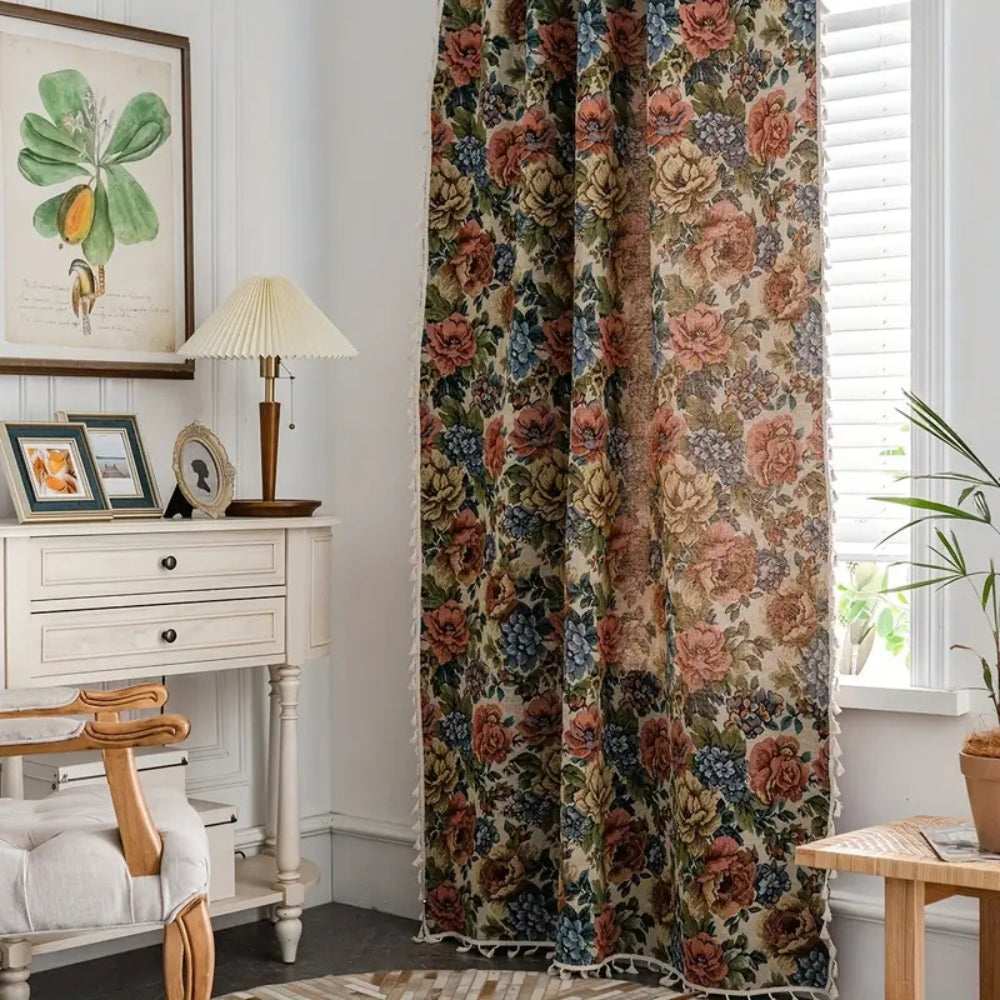 Curtain Panel Floral Jacquard Microfiber Blend Tassels