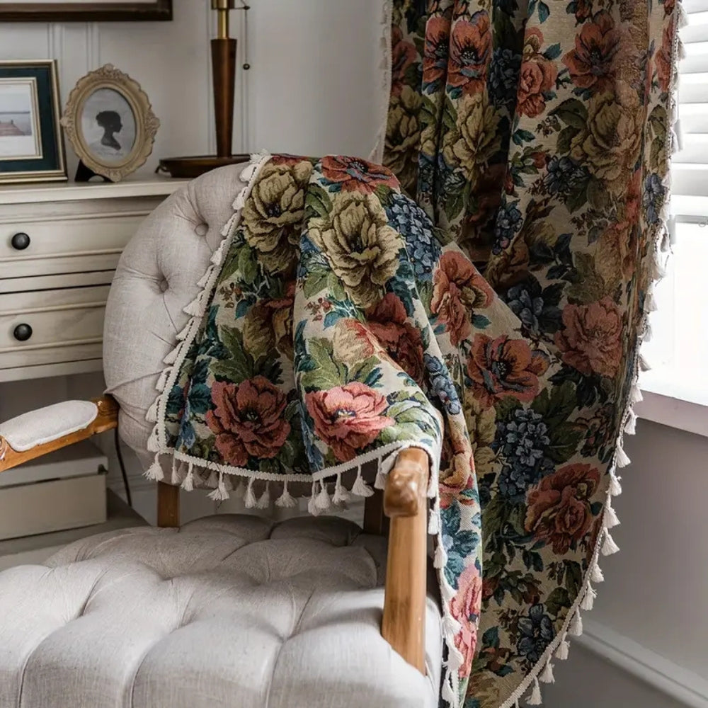 Curtain Panel Floral Jacquard Microfiber Blend Tassels