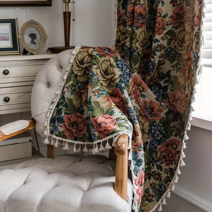 Curtain Panel Floral Jacquard Microfiber Blend Tassels