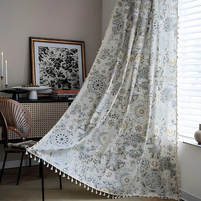 Curtain Panel Light-Filtering Floral Print & Tassels