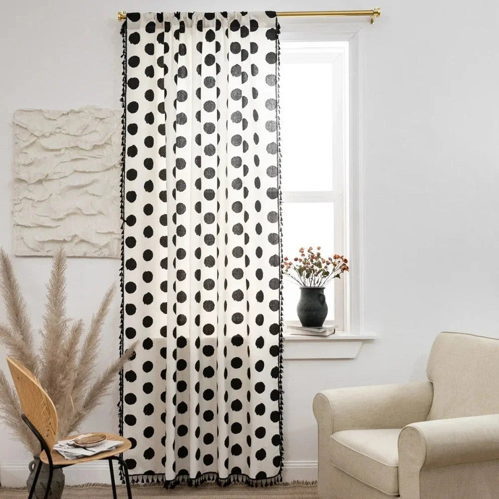 Curtain Panel Polka Dot Tassel Trim & Light-Filtering Linen
