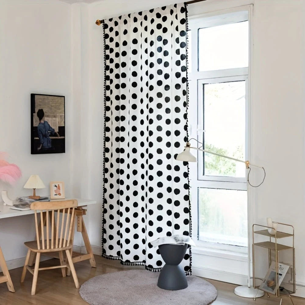 Curtain Panel Polka Dot Tassel Trim & Light-Filtering Linen