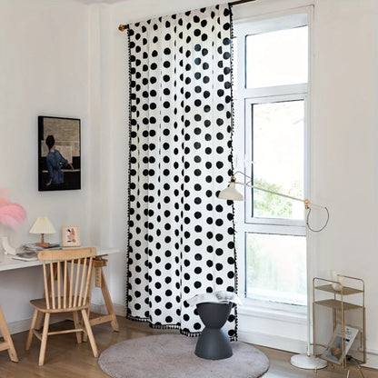 Curtain Panel Polka Dot Tassel Trim & Light-Filtering Linen