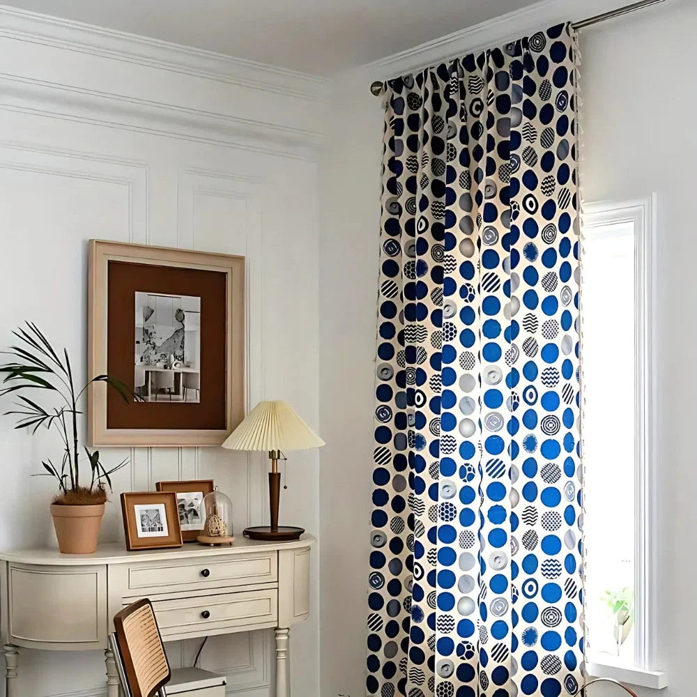 Curtain Panel Retro Blue Polka Dot Microfiber Blackout Valance