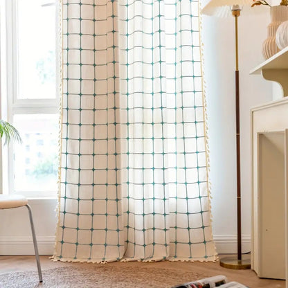 Curtain Panel Semi-Blackout Turquoise Embroidered Tassels