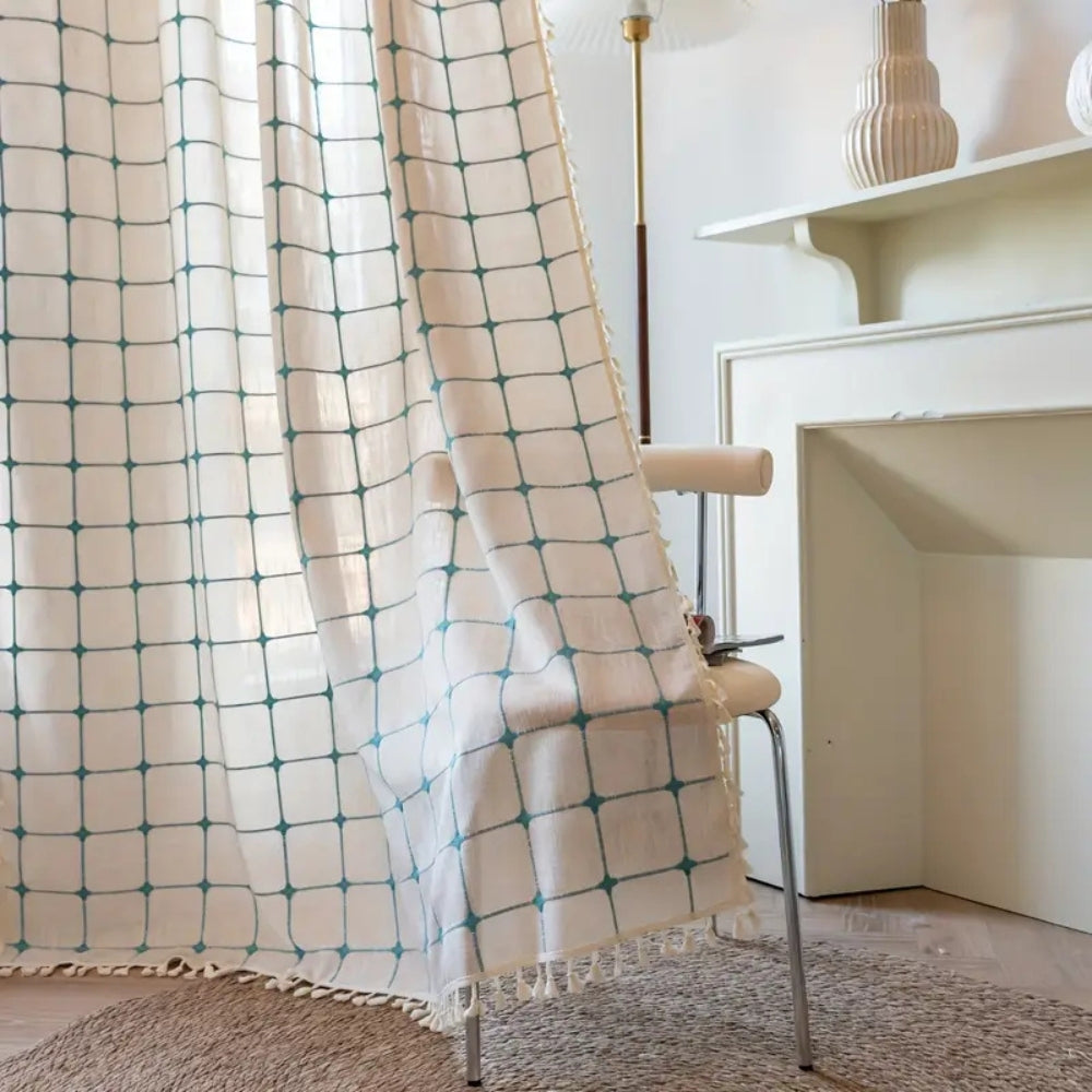 Curtain Panel Semi-Blackout Turquoise Embroidered Tassels
