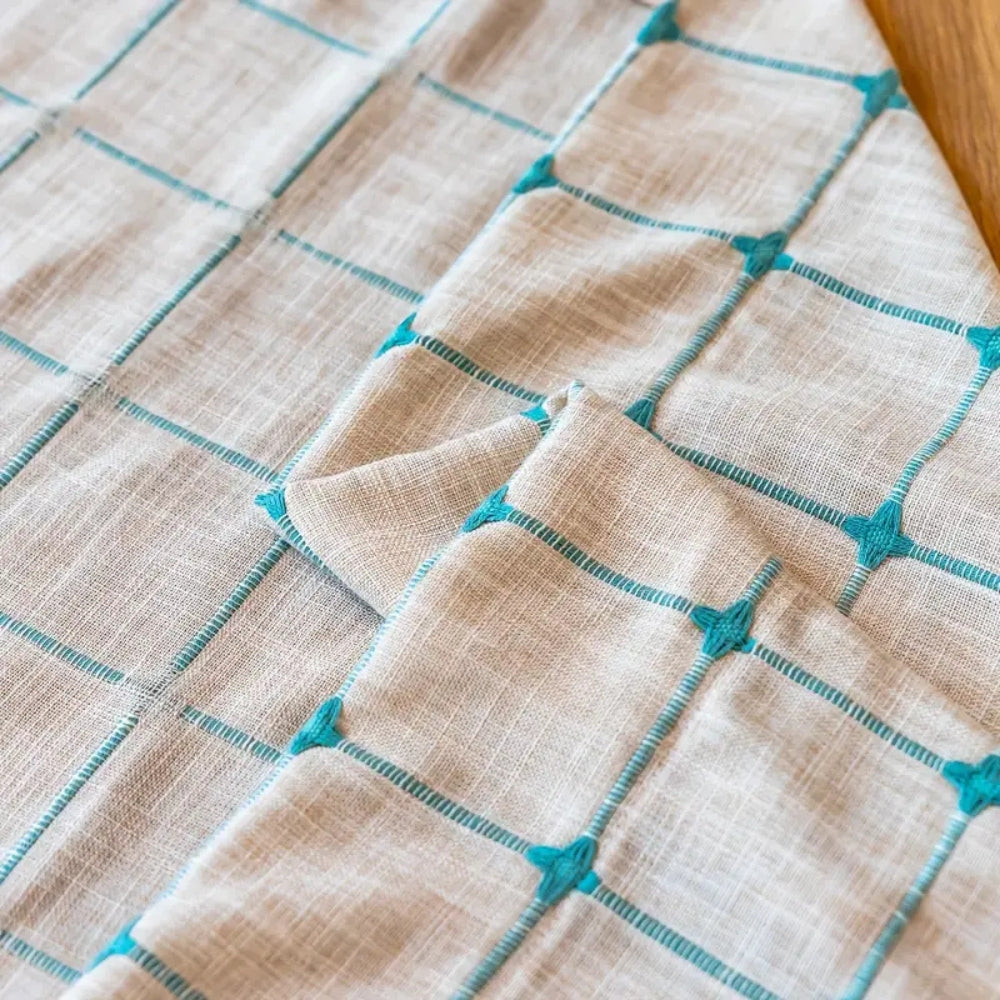Curtain Panel Semi-Blackout Turquoise Embroidered Tassels