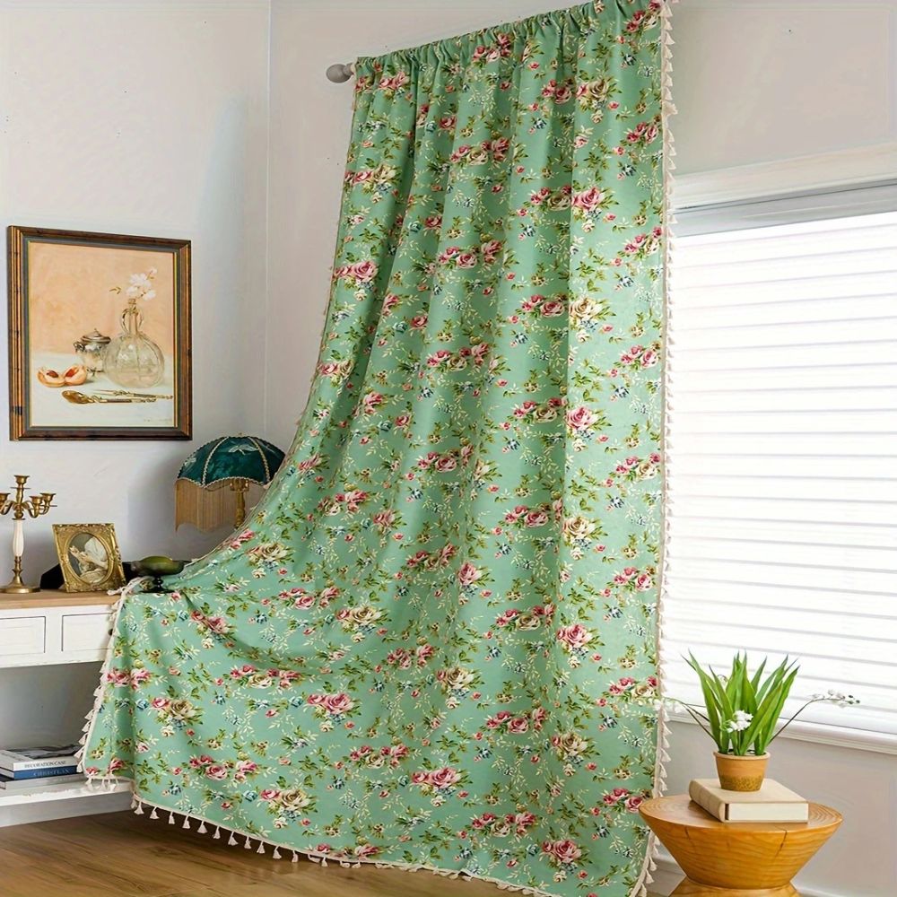 Curtain Panel Semi-Sheer Microfiber Floral Tassel