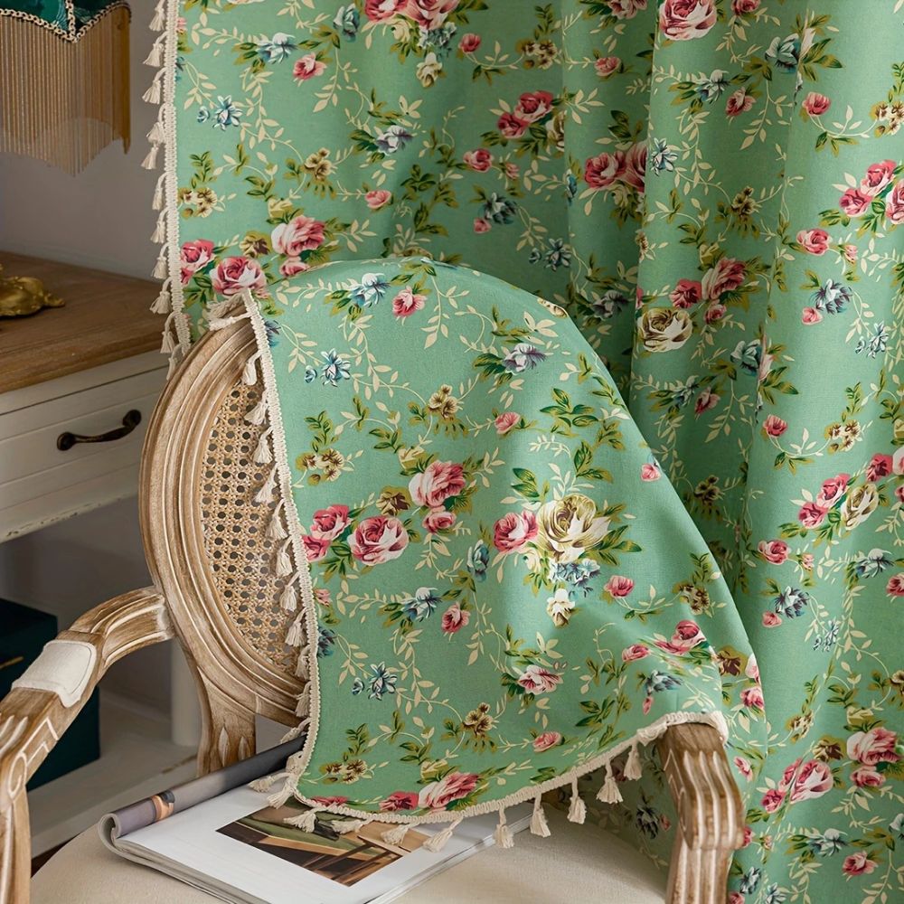 Curtain Panel Semi-Sheer Microfiber Floral Tassel
