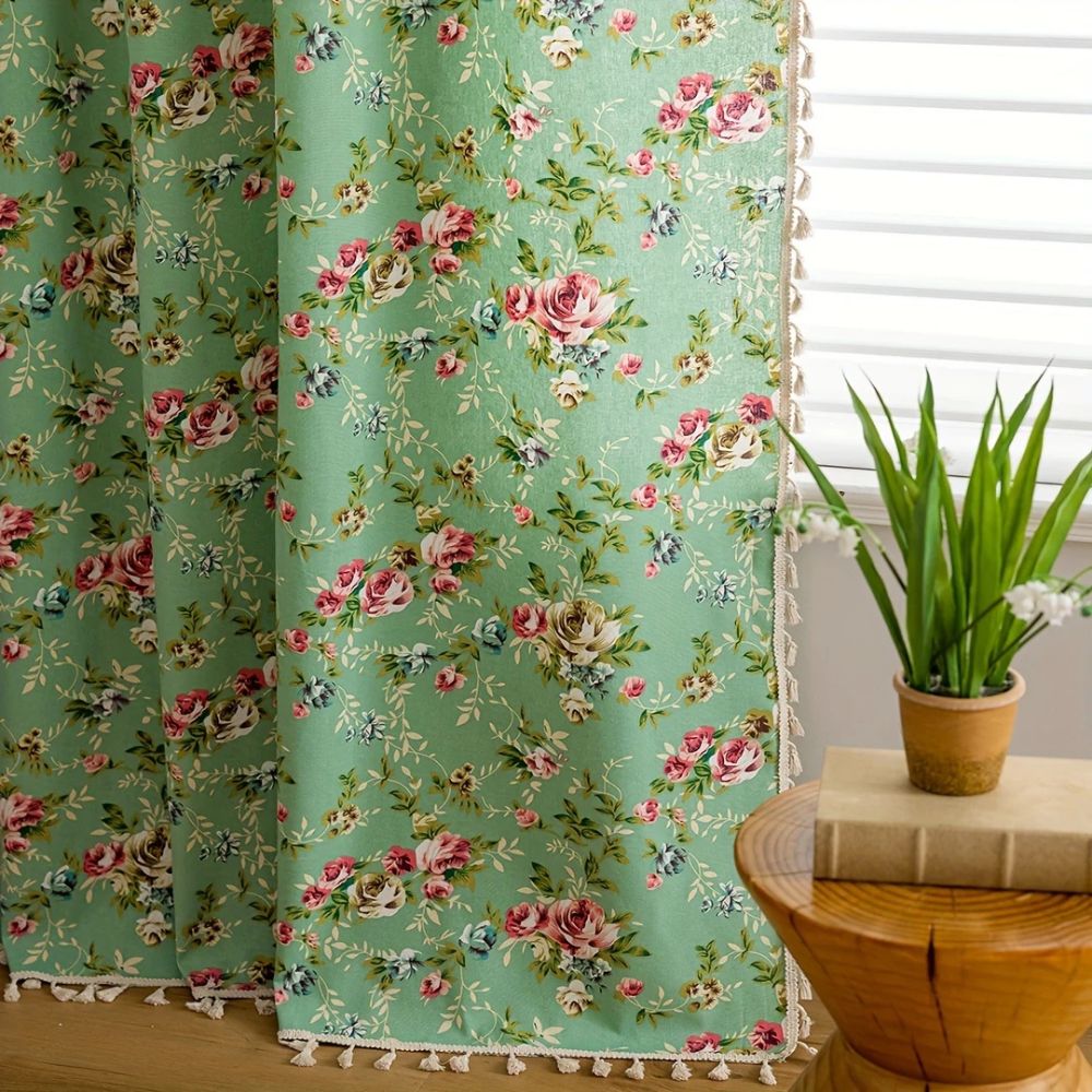 Curtain Panel Semi-Sheer Microfiber Floral Tassel