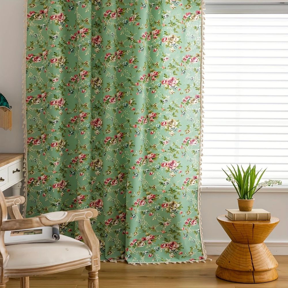 Curtain Panel Semi-Sheer Microfiber Floral Tassel