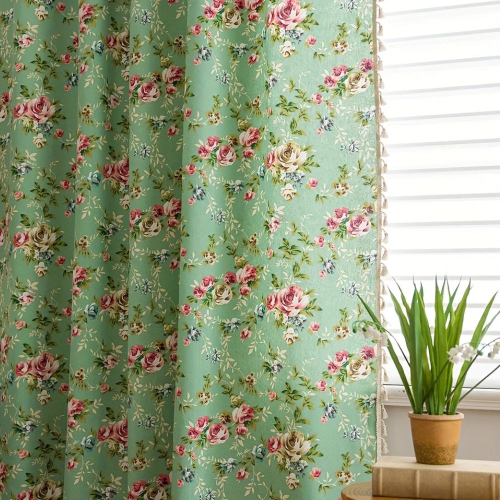 Curtain Panel Semi-Sheer Microfiber Floral Tassel