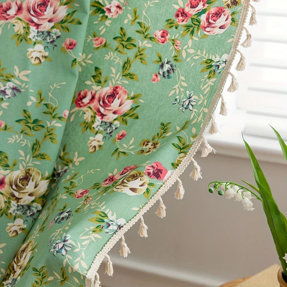 Curtain Panel Semi-Sheer Microfiber Floral Tassel