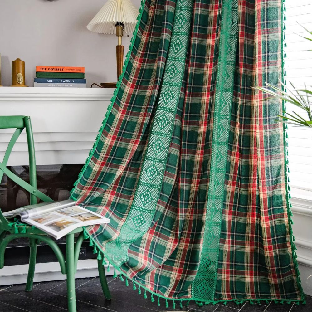 Curtain Panel Tartan Microfiber Crochet Lace & Tassel Trim