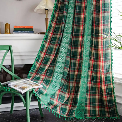 Curtain Panel Tartan Microfiber Crochet Lace & Tassel Trim