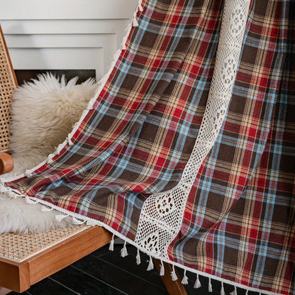 Curtain Panel Tartan Microfiber Crochet Lace & Tassel Trim