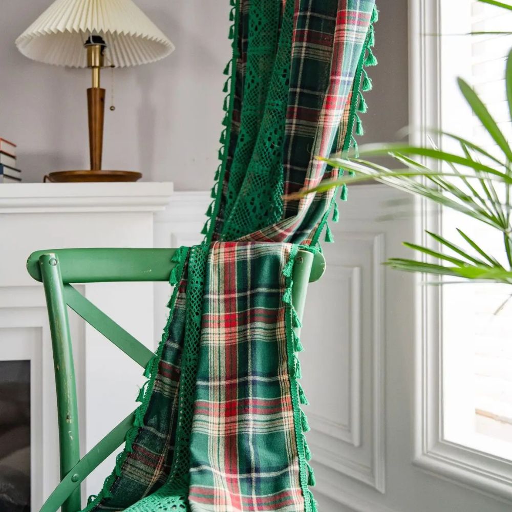 Curtain Panel Tartan Microfiber Crochet Lace & Tassel Trim