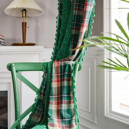 Curtain Panel Tartan Microfiber Crochet Lace & Tassel Trim