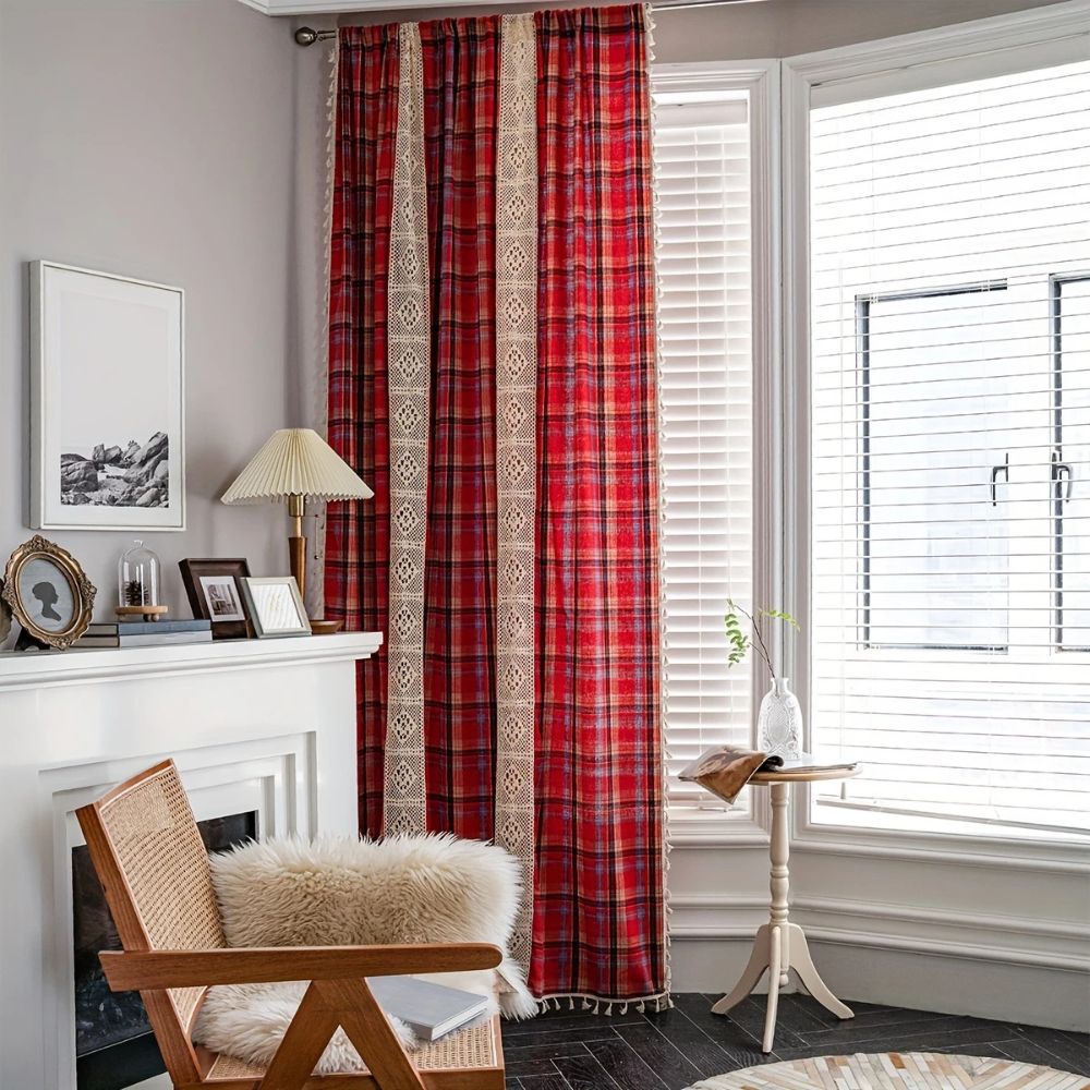 Curtain Panel Tartan Microfiber Crochet Lace & Tassel Trim