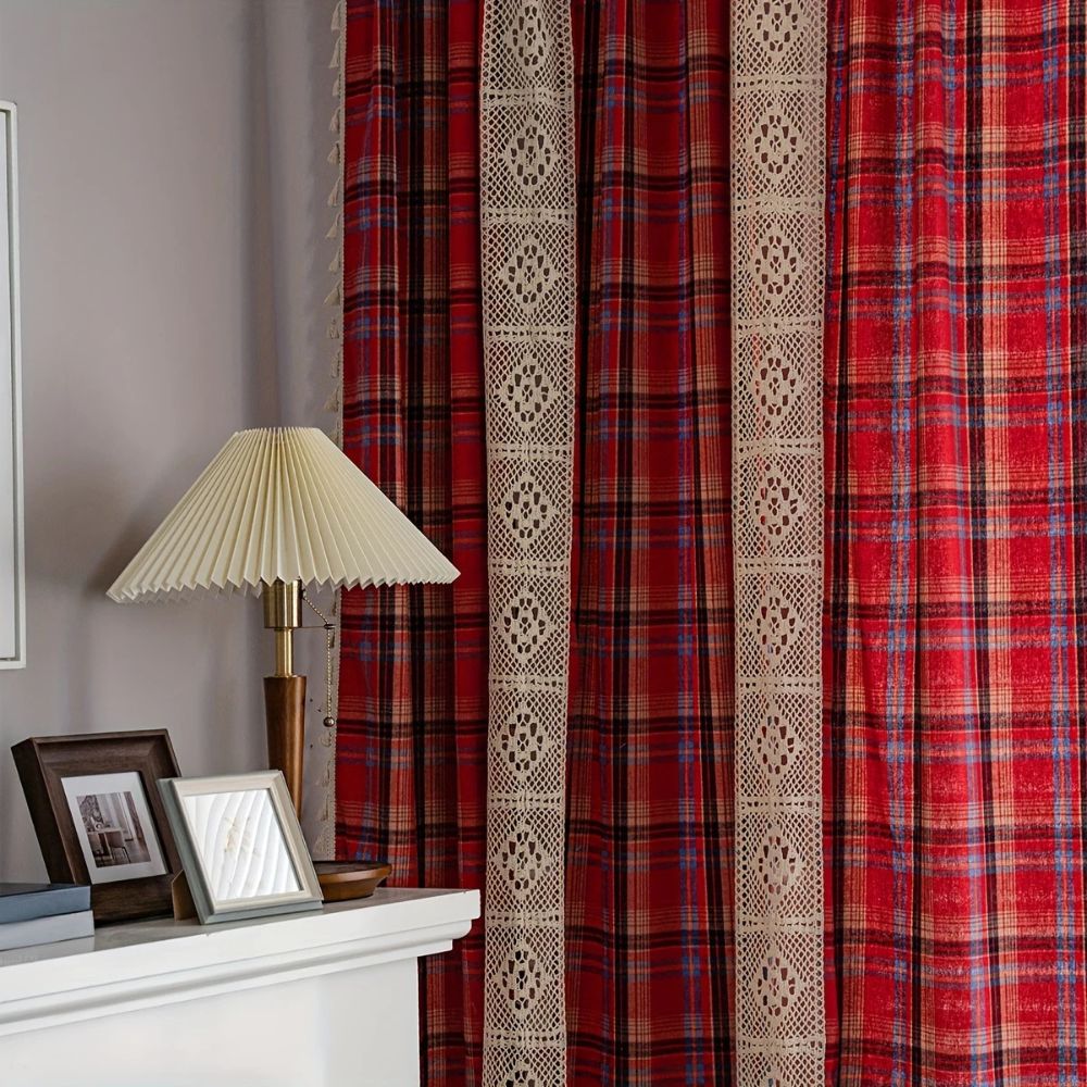 Curtain Panel Tartan Microfiber Crochet Lace & Tassel Trim